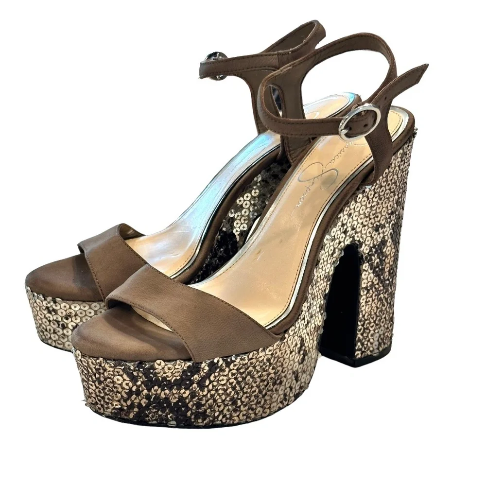 Jessica Simpson Brown Suede-Style Platform Sandals with Sequin Snake-Print Sole